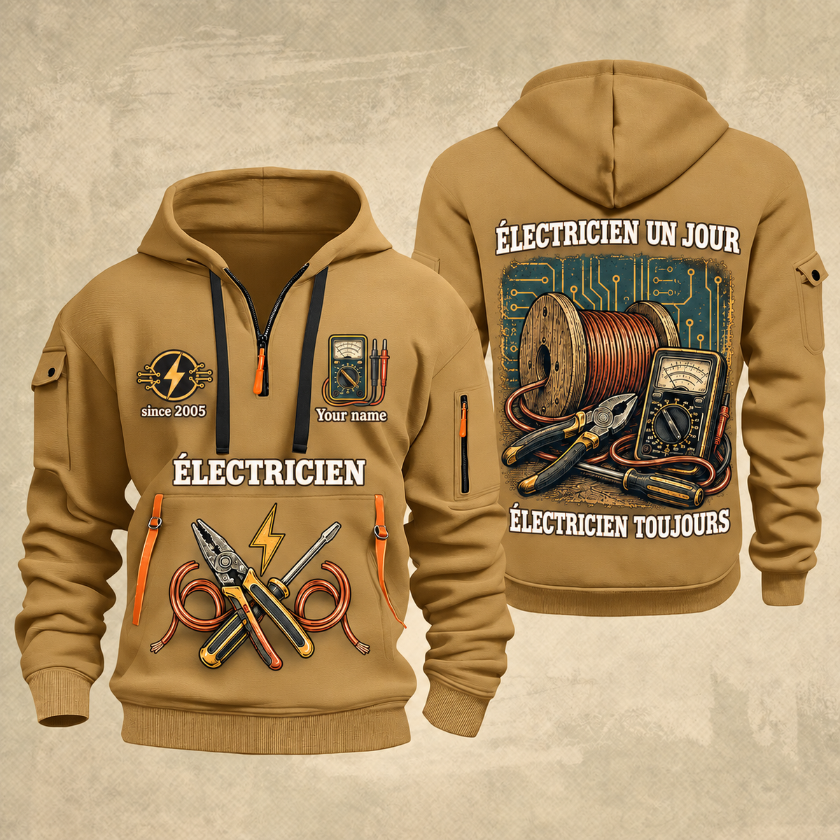 Electrician Fier Du Métier quarter-zip hoodie in Khaki, front and back, Your name and since 2005 artwork