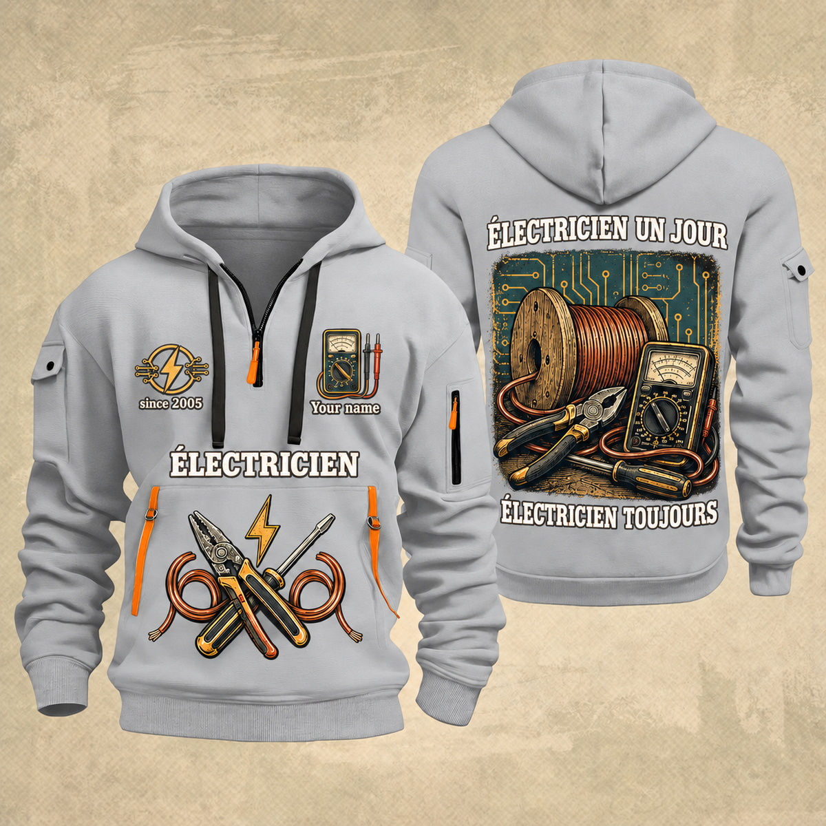 Electrician Fier Du Métier quarter-zip hoodie in Light Grey, front and back, Your name and since 2005 artwork
