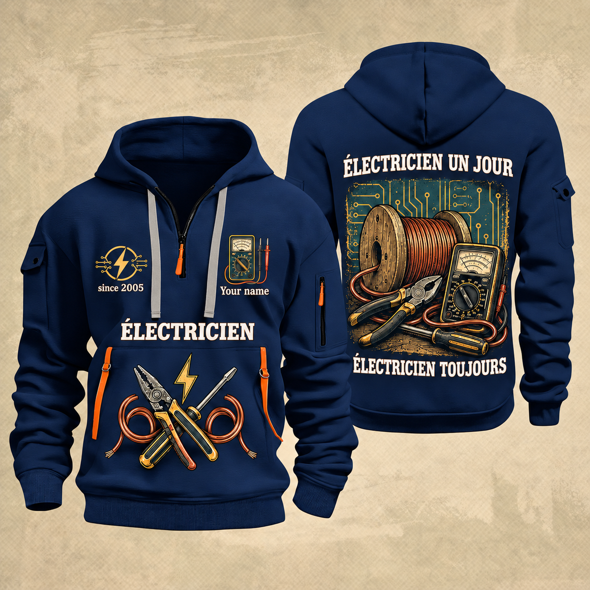 Electrician Fier Du Métier quarter-zip hoodie in Navy, front and back, Your name and since 2005 artwork