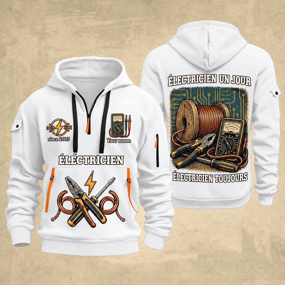 Electrician Fier Du Métier quarter-zip hoodie in White, front and back, Your name and since 2005 artwork