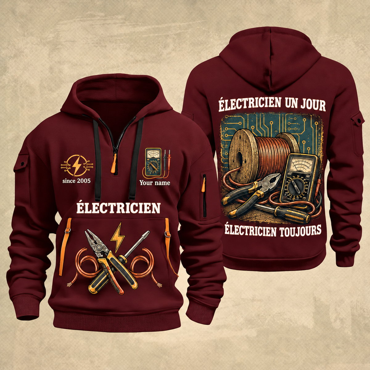 Electrician Fier Du Métier quarter-zip hoodie in Wine Red, front and back, Your name and since 2005 artwork