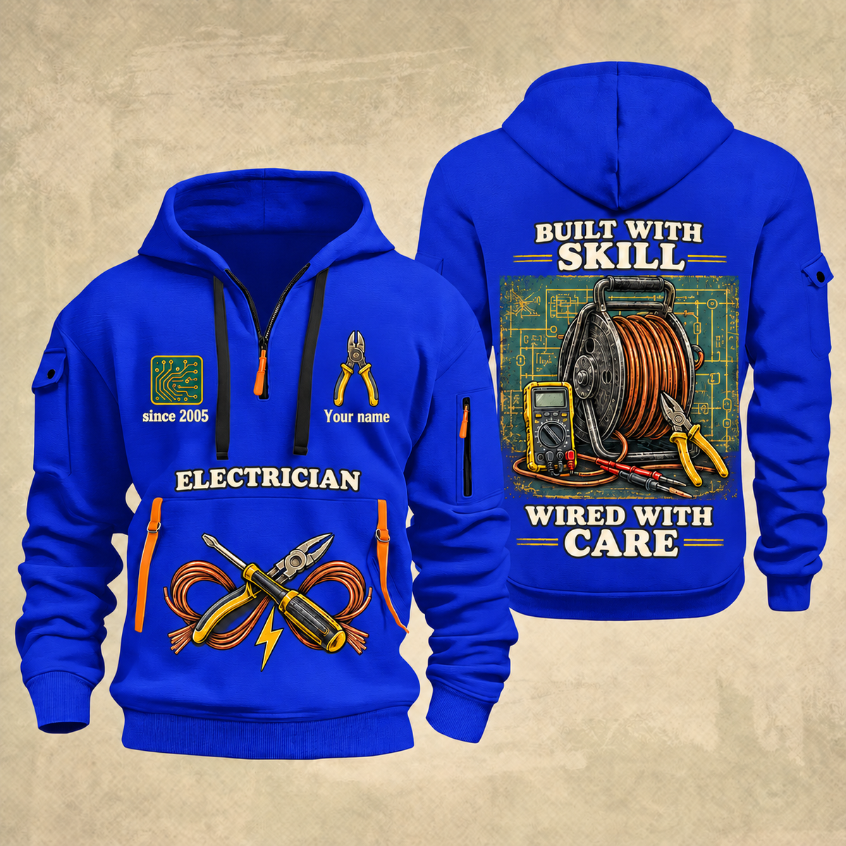 Electrician Built With Skill quarter-zip hoodie in Blue, front and back, Your name and since 2005 artwork
