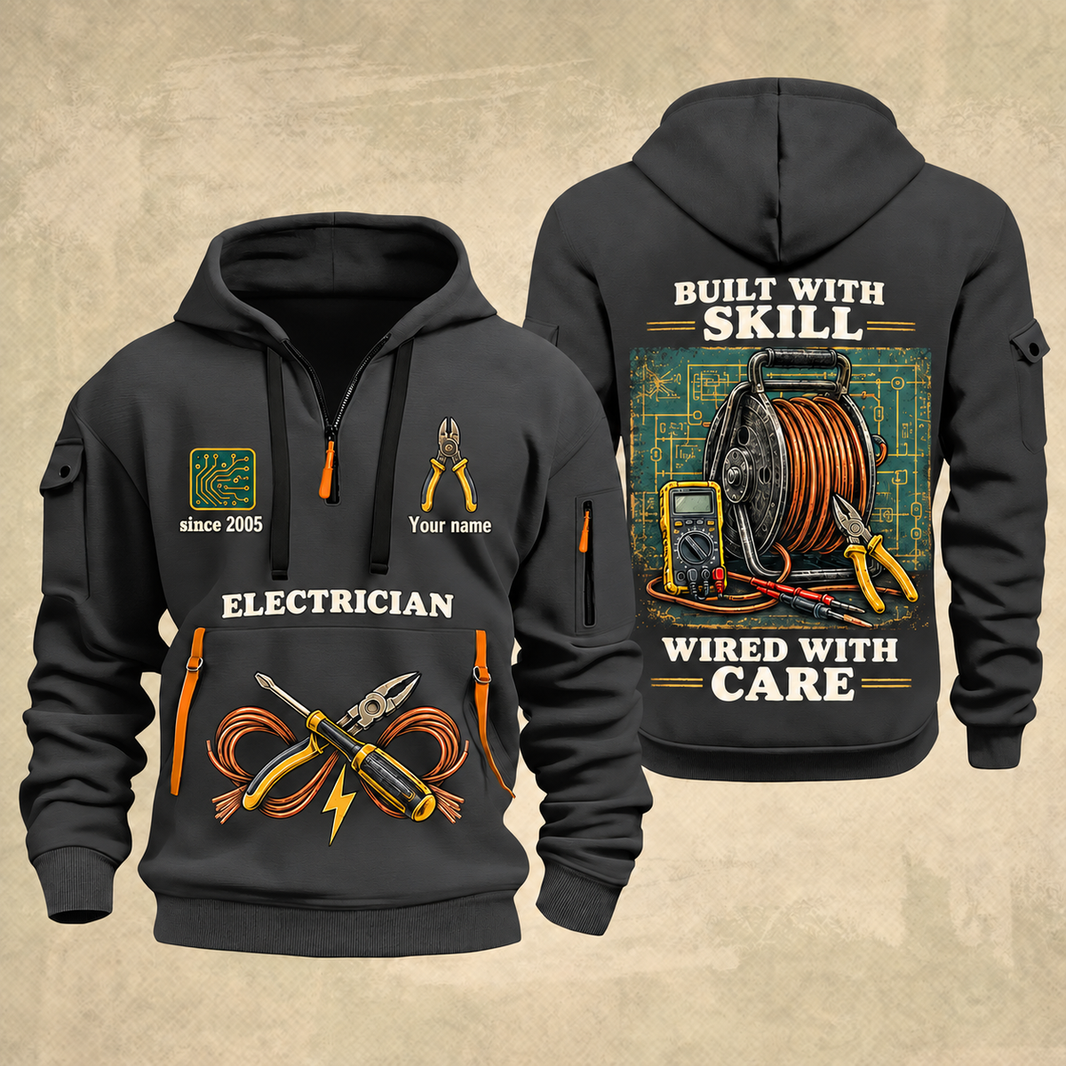 Electrician Built With Skill quarter-zip hoodie in Gray, front and back, Your name and since 2005 artwork