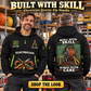 Electrician wearing Built With Skill quarter-zip hoodie in their workplace; product introduction and shopping call to action