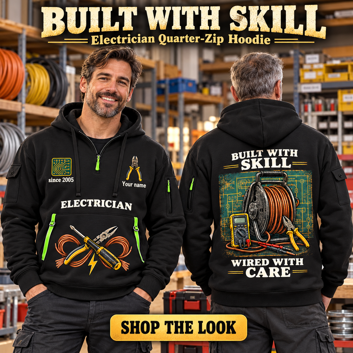Electrician wearing Built With Skill quarter-zip hoodie in their workplace; product introduction and shopping call to action
