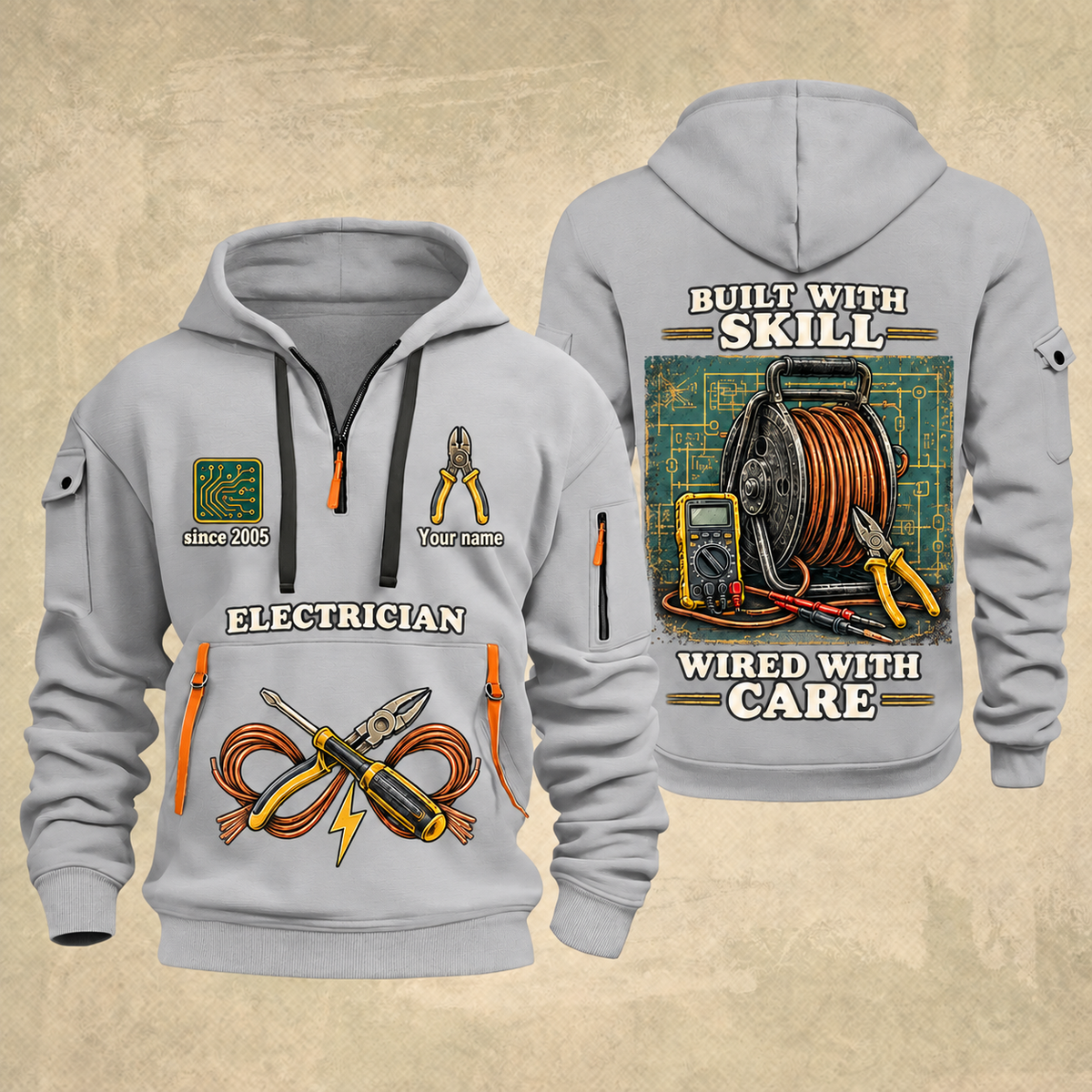 Electrician Built With Skill quarter-zip hoodie in Light Grey, front and back, Your name and since 2005 artwork