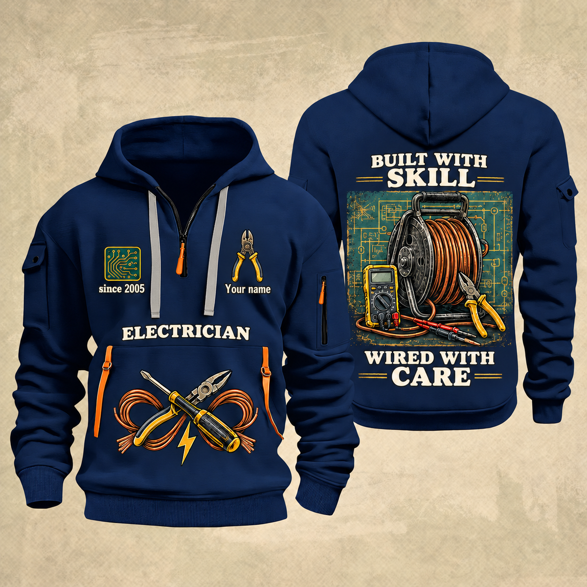 Electrician Built With Skill quarter-zip hoodie in Navy, front and back, Your name and since 2005 artwork