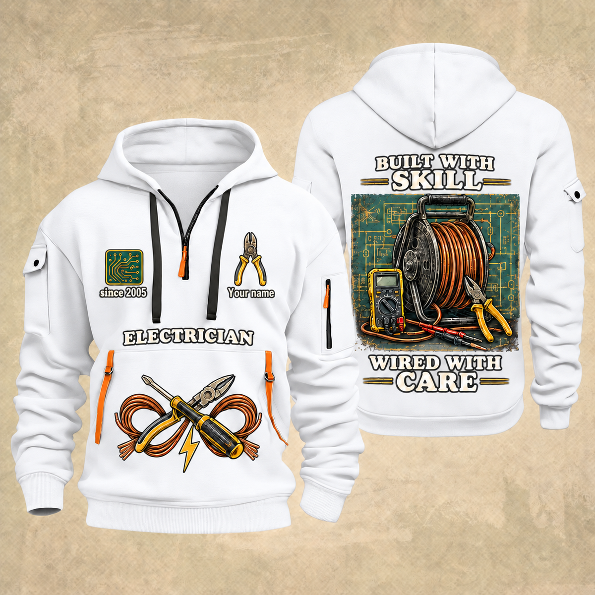 Electrician Built With Skill quarter-zip hoodie in White, front and back, Your name and since 2005 artwork