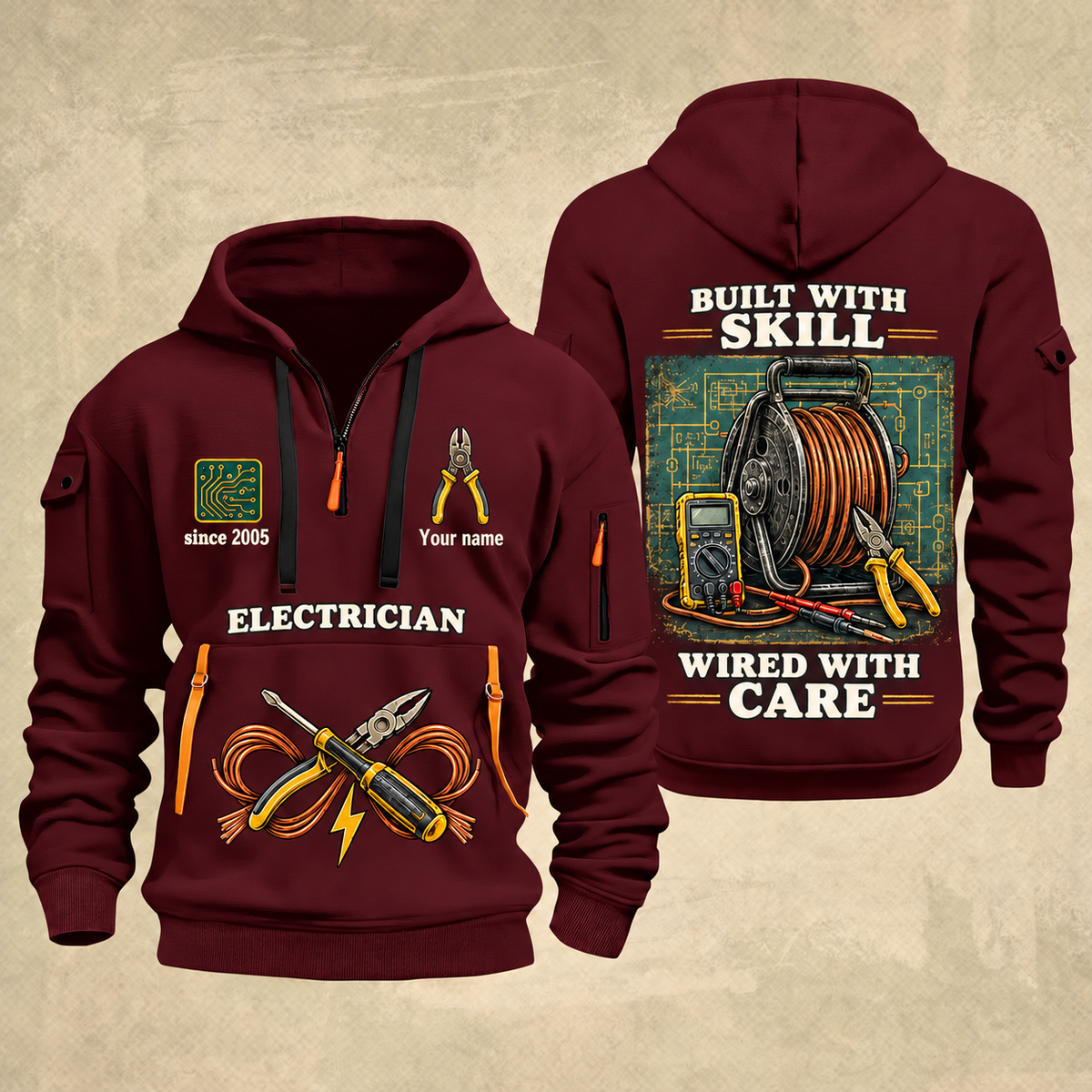 Electrician Built With Skill quarter-zip hoodie in Wine Red, front and back, Your name and since 2005 artwork