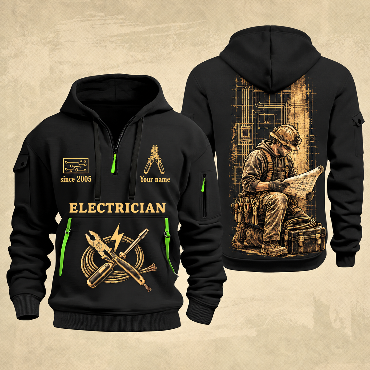 Electrician Copper Craft quarter-zip hoodie in Black, front and back, Your name and since 2005 artwork