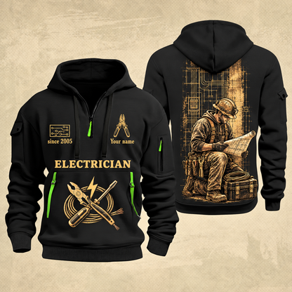Electrician Copper Craft quarter-zip hoodie in Black, front and back, Your name and since 2005 artwork