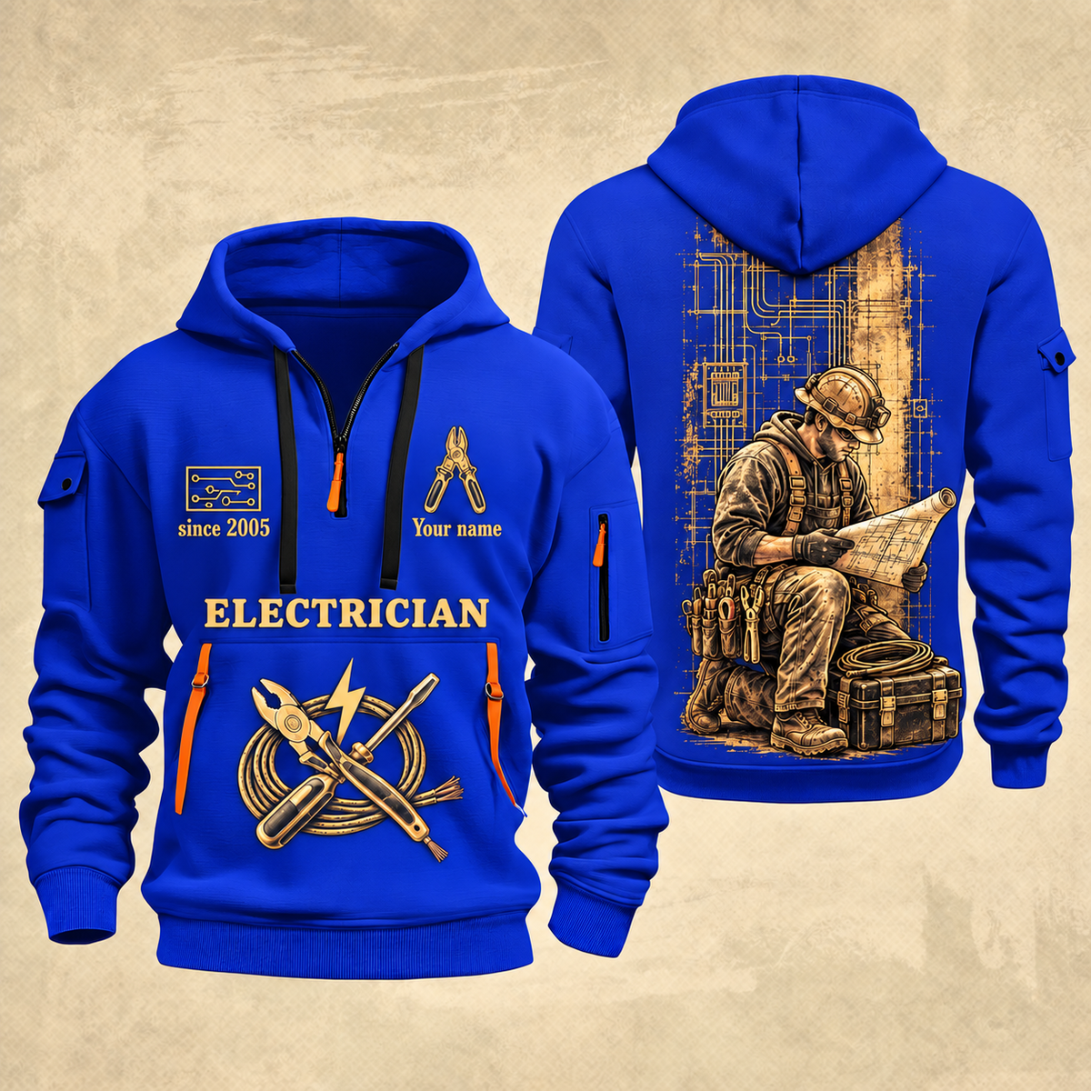 Electrician Copper Craft quarter-zip hoodie in Blue, front and back, Your name and since 2005 artwork