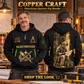 Electrician wearing Copper Craft quarter-zip hoodie in their workplace; product introduction and shopping call to action