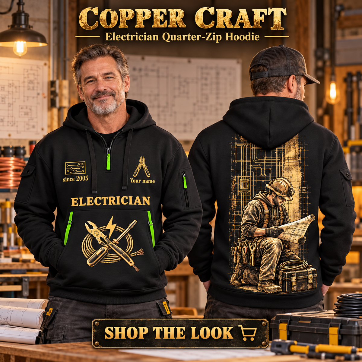 Electrician wearing Copper Craft quarter-zip hoodie in their workplace; product introduction and shopping call to action