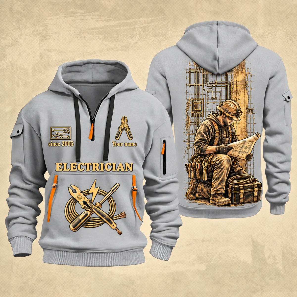 Electrician Copper Craft quarter-zip hoodie in Light Grey, front and back, Your name and since 2005 artwork