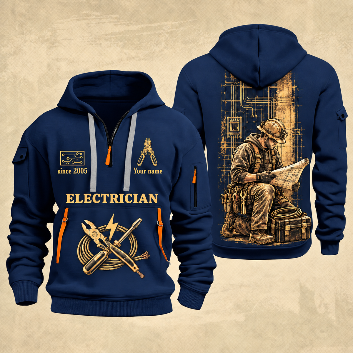 Electrician Copper Craft quarter-zip hoodie in Navy, front and back, Your name and since 2005 artwork