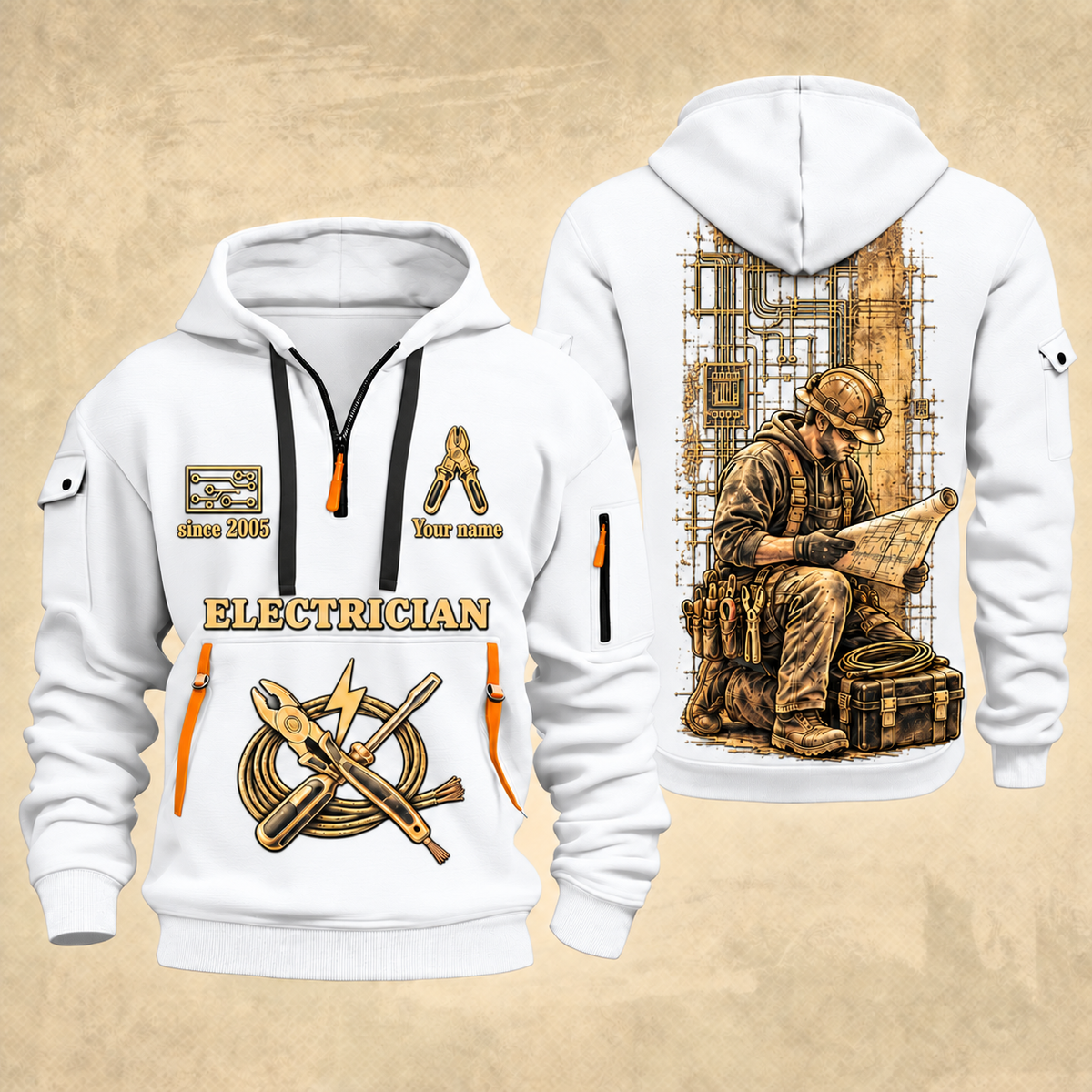 Electrician Copper Craft quarter-zip hoodie in White, front and back, Your name and since 2005 artwork