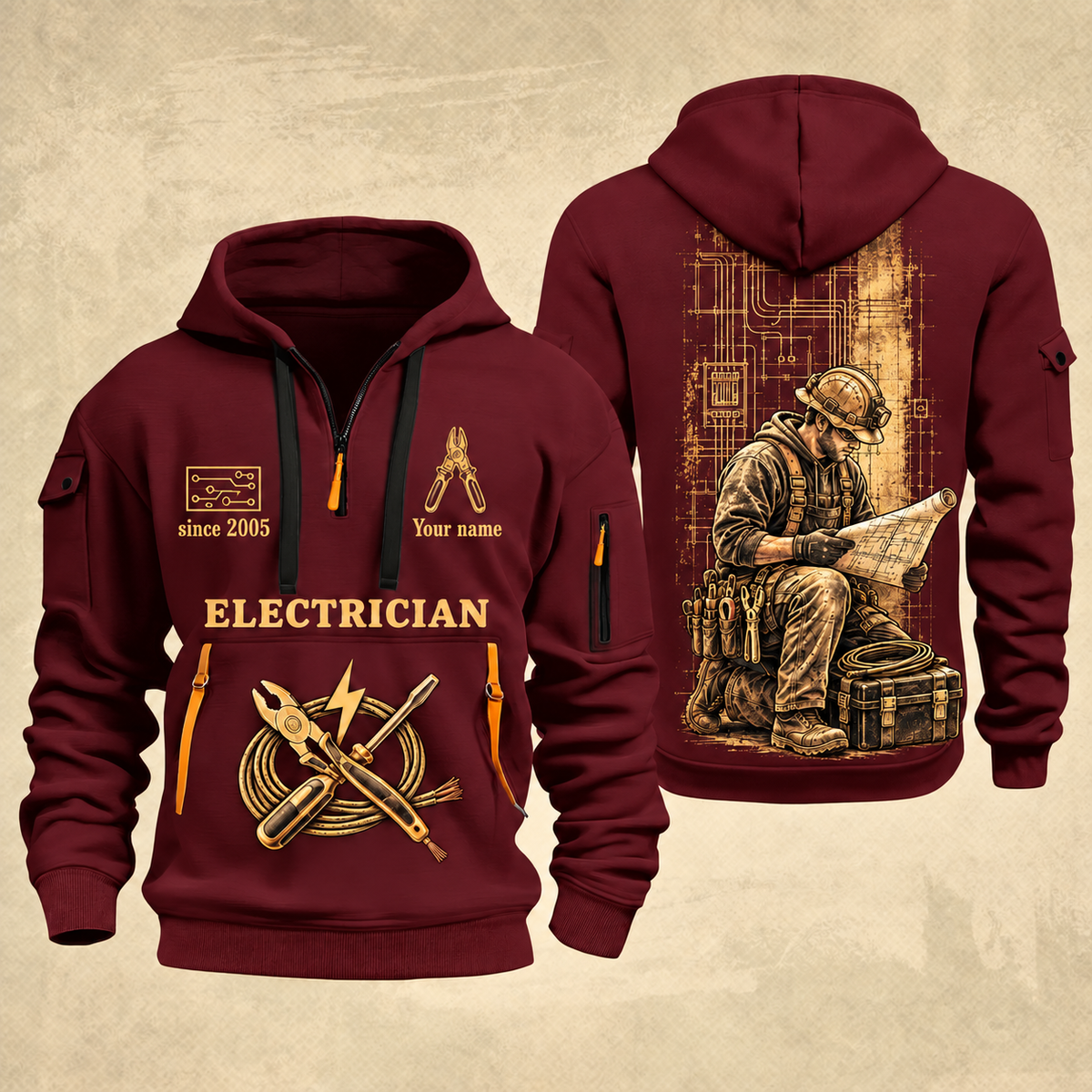 Electrician Copper Craft quarter-zip hoodie in Wine Red, front and back, Your name and since 2005 artwork