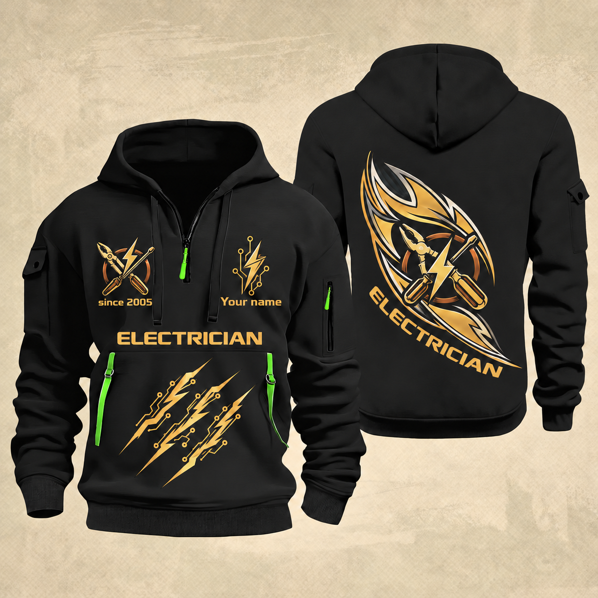 Electrician Current Of Craft quarter-zip hoodie in Black, front and back, Your name and since 2005 artwork