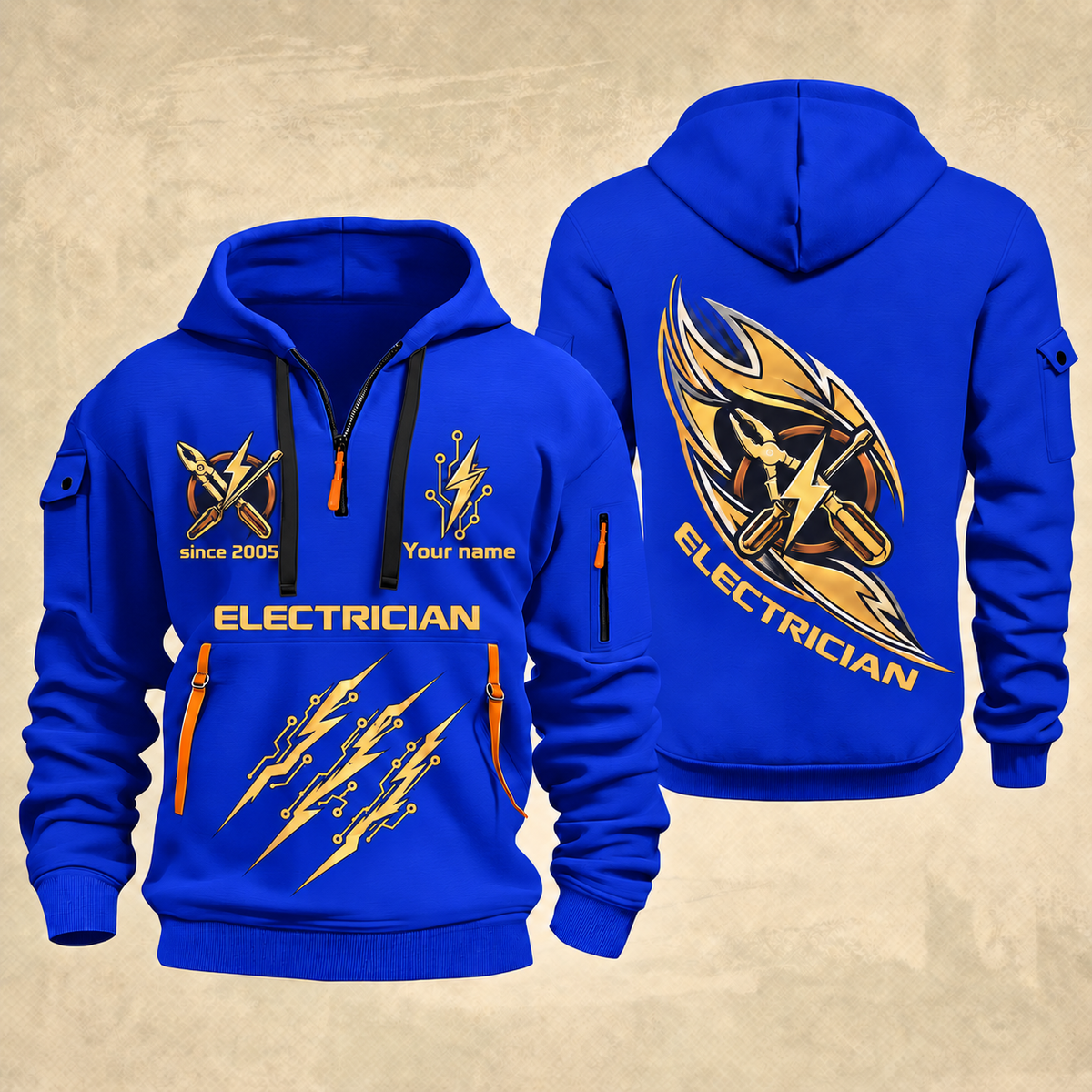Electrician Current Of Craft quarter-zip hoodie in Blue, front and back, Your name and since 2005 artwork