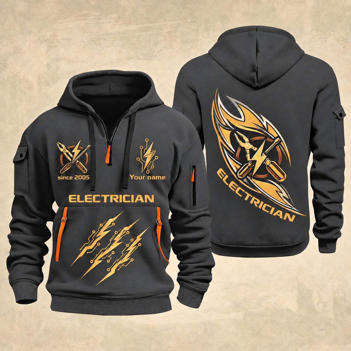 Electrician Current Of Craft quarter-zip hoodie in Gray, front and back, Your name and since 2005 artwork