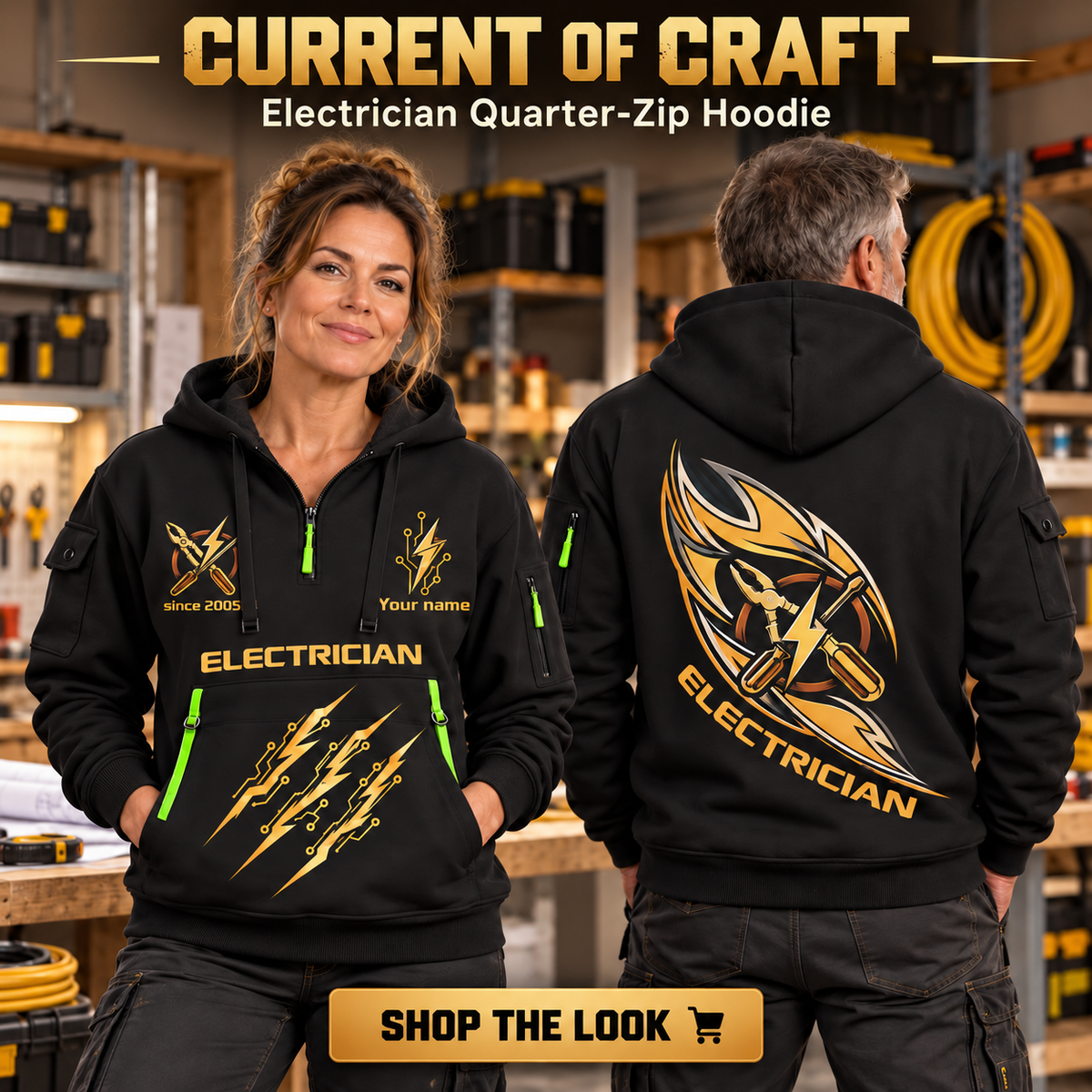 Electrician wearing Current Of Craft quarter-zip hoodie in their workplace; product introduction and shopping call to action