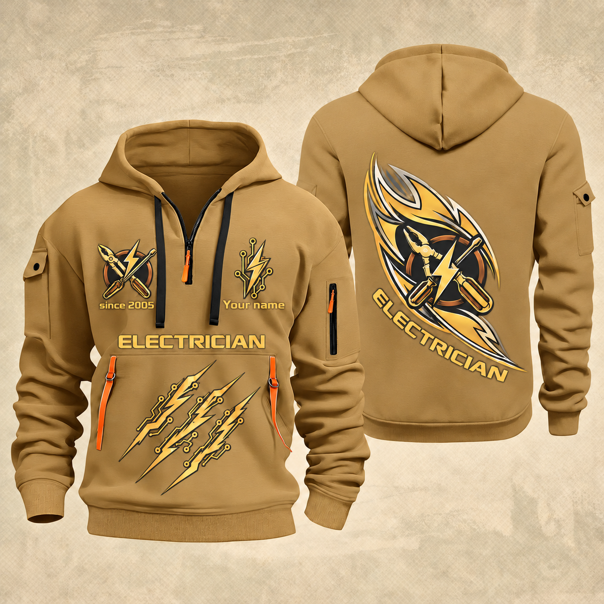 Electrician Current Of Craft quarter-zip hoodie in Khaki, front and back, Your name and since 2005 artwork