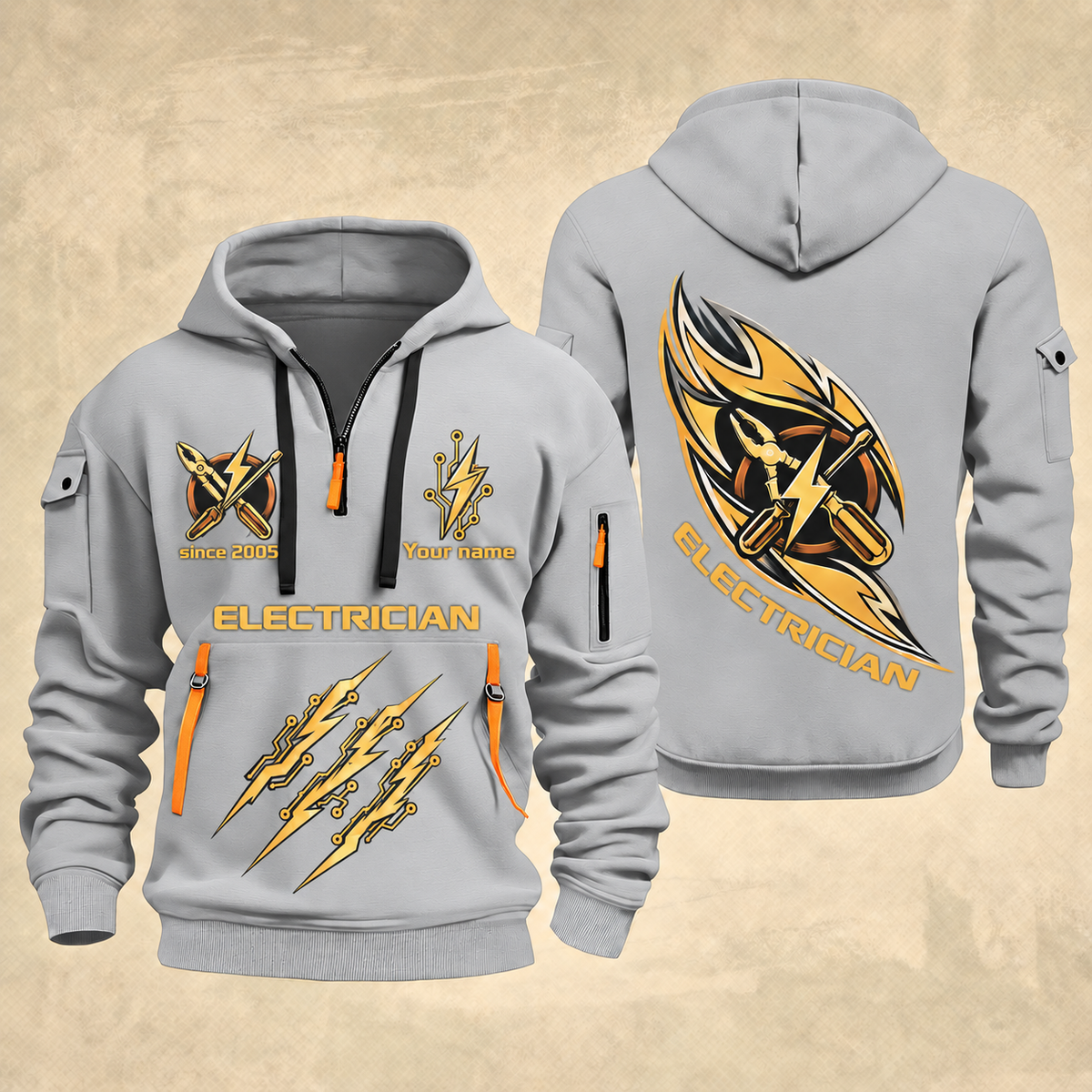 Electrician Current Of Craft quarter-zip hoodie in Light Grey, front and back, Your name and since 2005 artwork