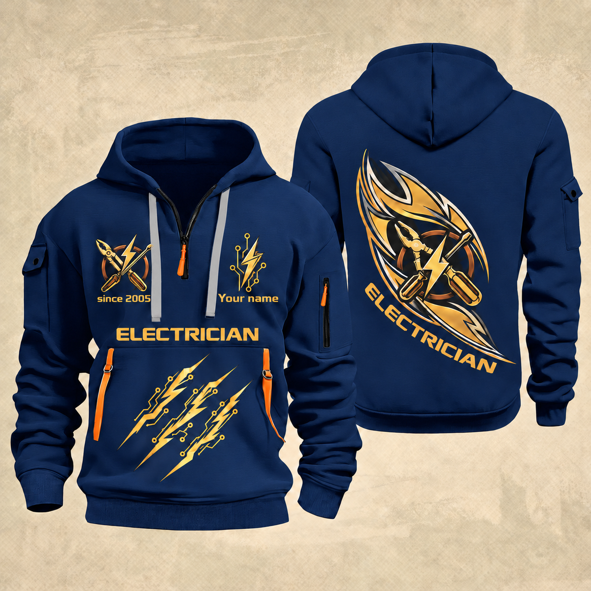 Electrician Current Of Craft quarter-zip hoodie in Navy, front and back, Your name and since 2005 artwork