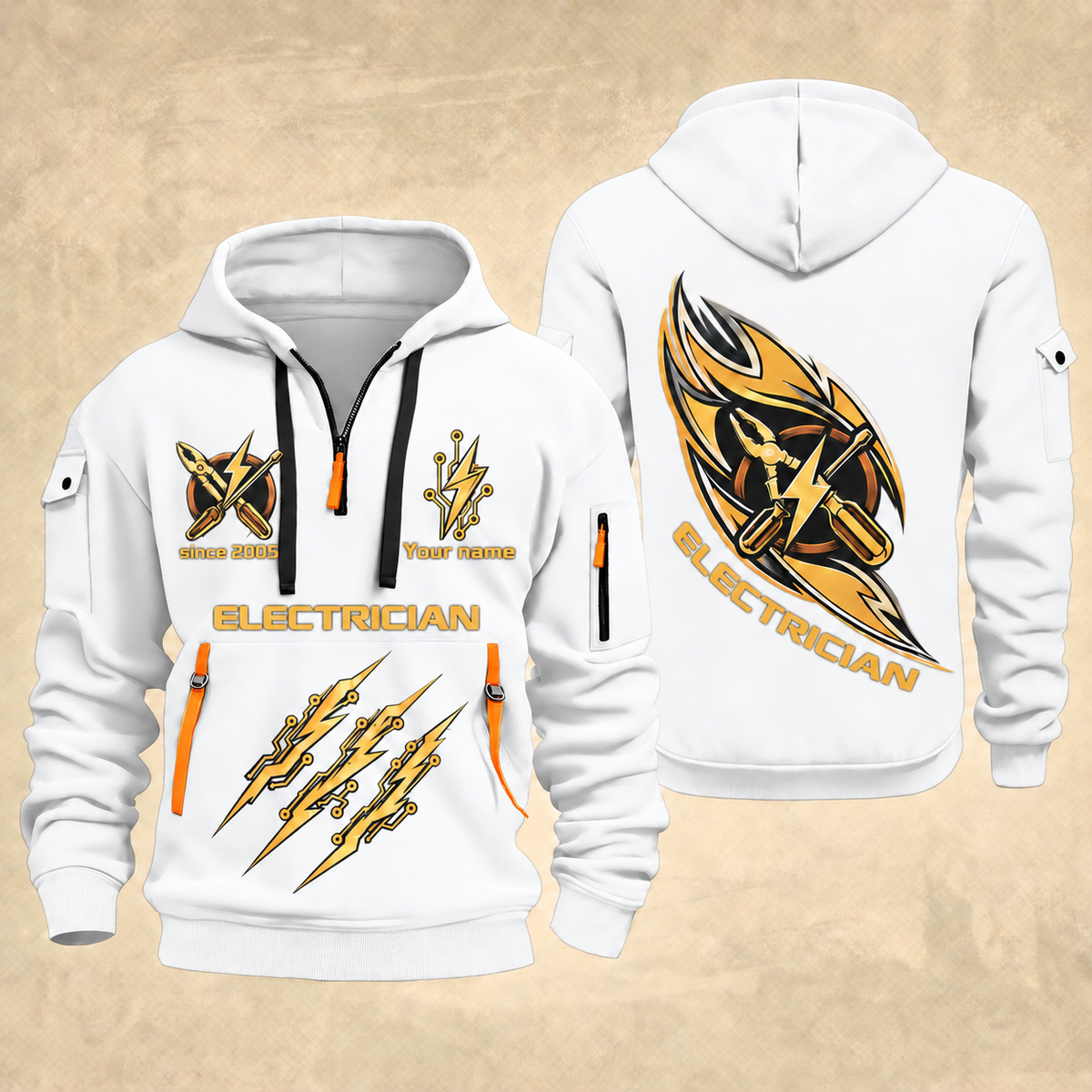 Electrician Current Of Craft quarter-zip hoodie in White, front and back, Your name and since 2005 artwork