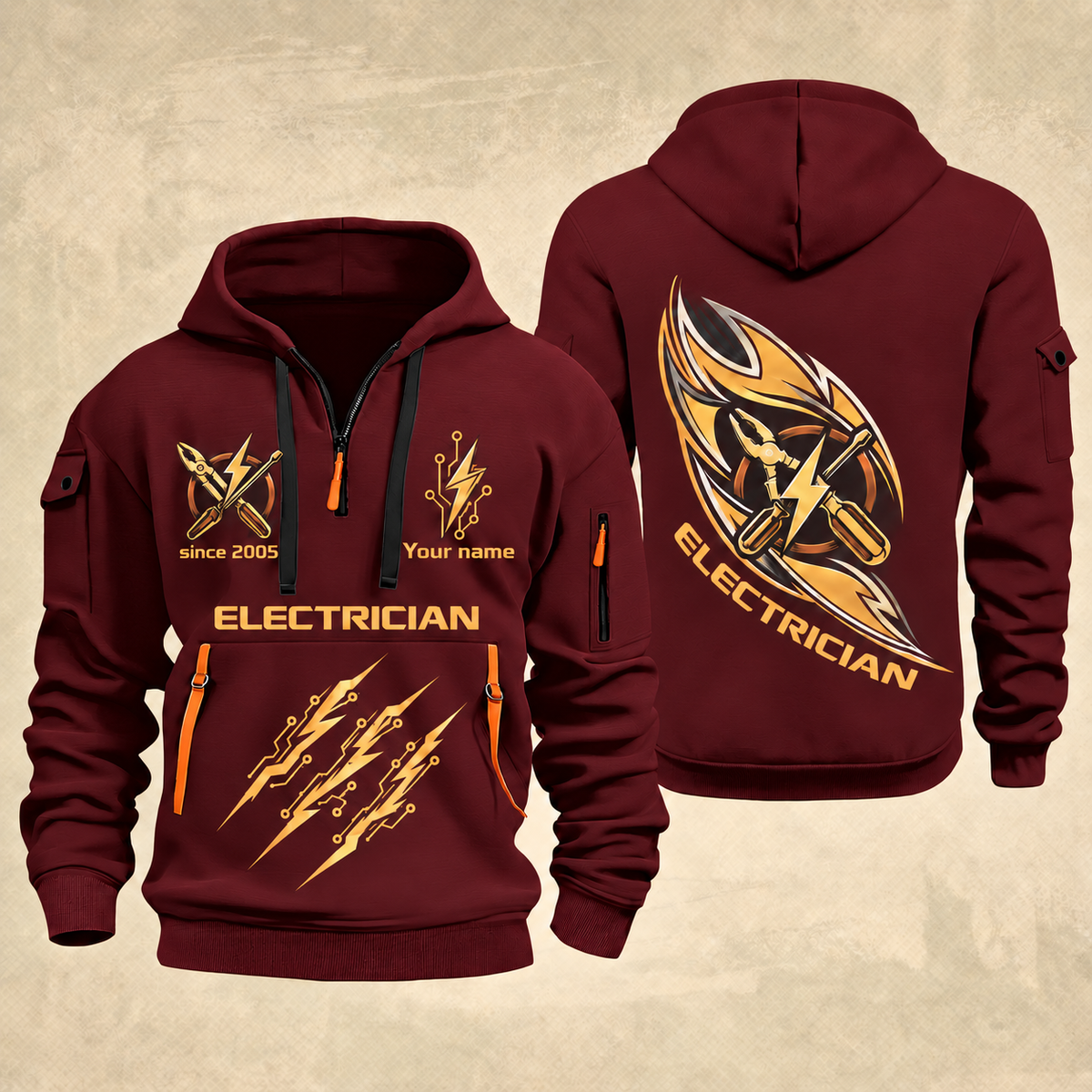 Electrician Current Of Craft quarter-zip hoodie in Wine Red, front and back, Your name and since 2005 artwork