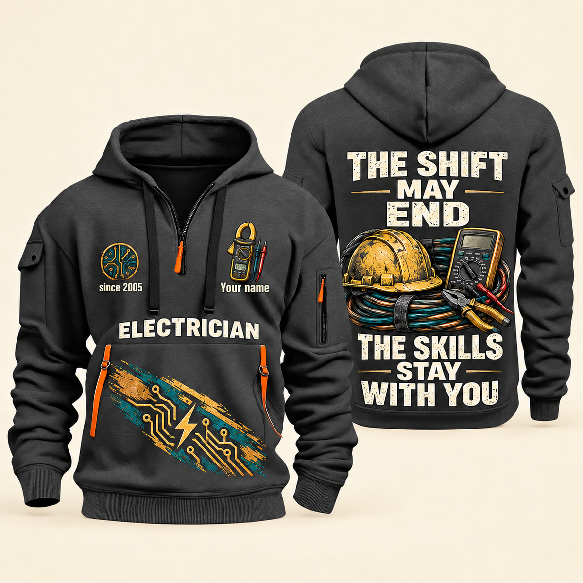 Electrician Skills Stay With You quarter-zip hoodie in Gray, front and back, Your name and since 2005 artwork