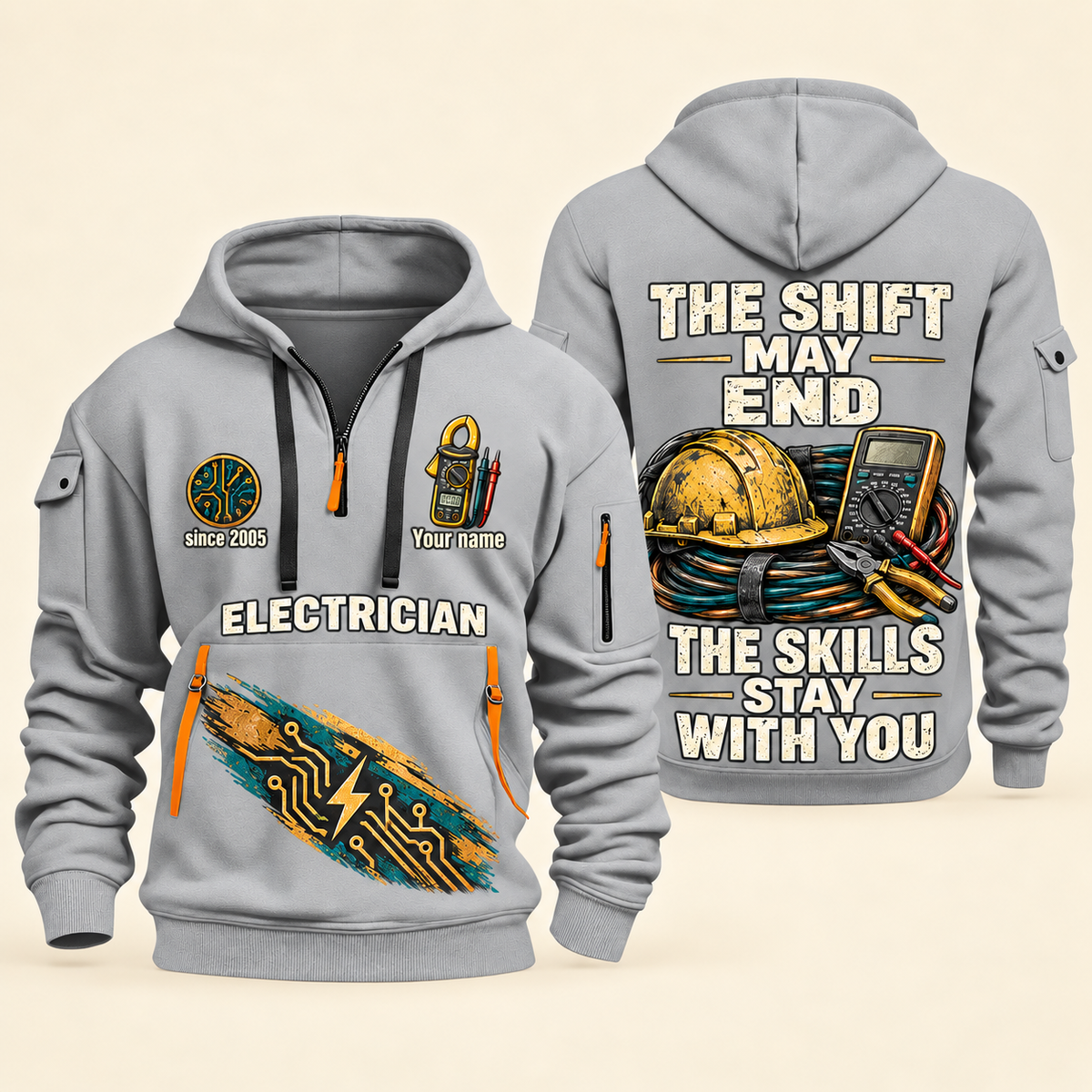 Electrician Skills Stay With You quarter-zip hoodie in Light Grey, front and back, Your name and since 2005 artwork