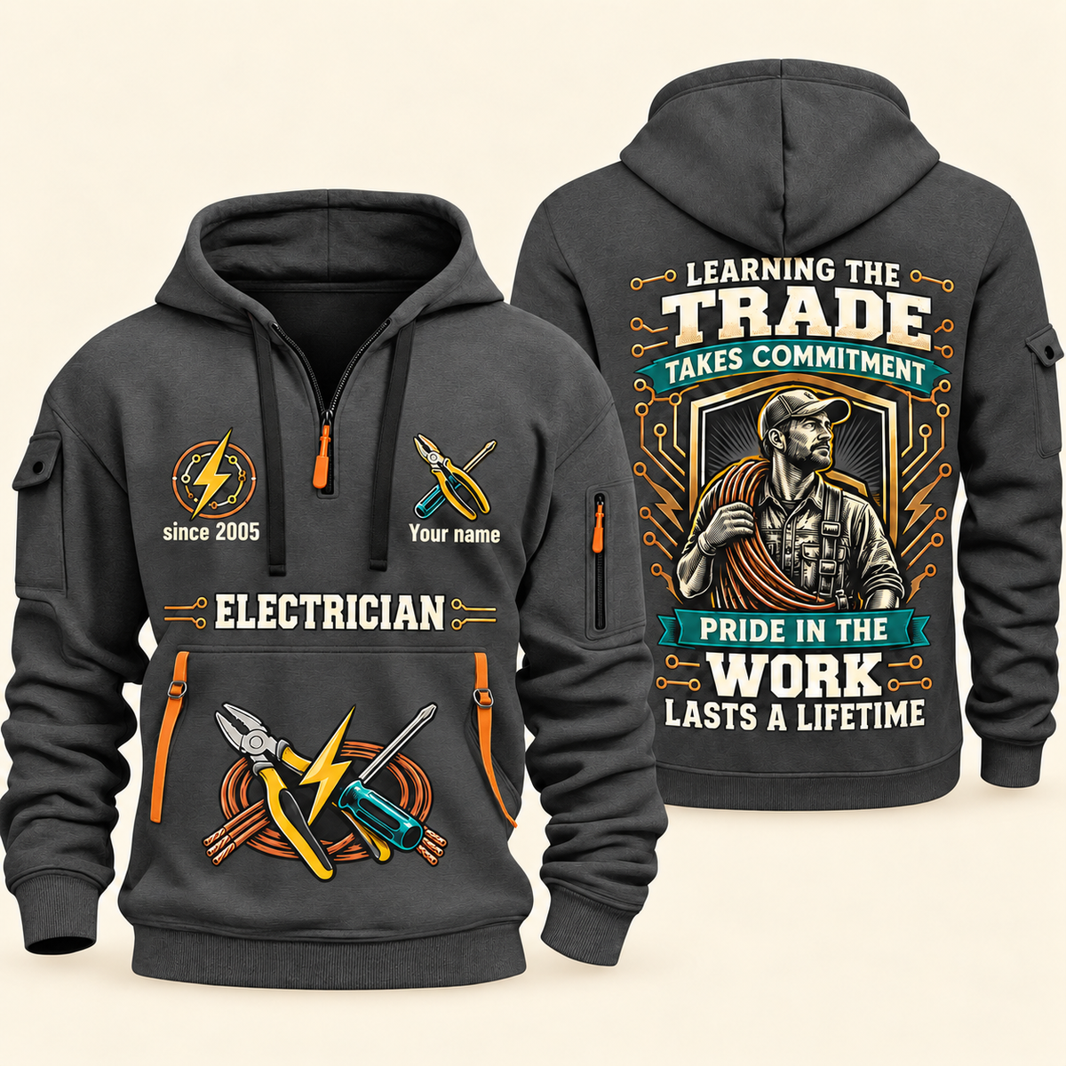 Electrician Pride In The Trade quarter-zip hoodie in Gray, front and back, Your name and since 2005 artwork