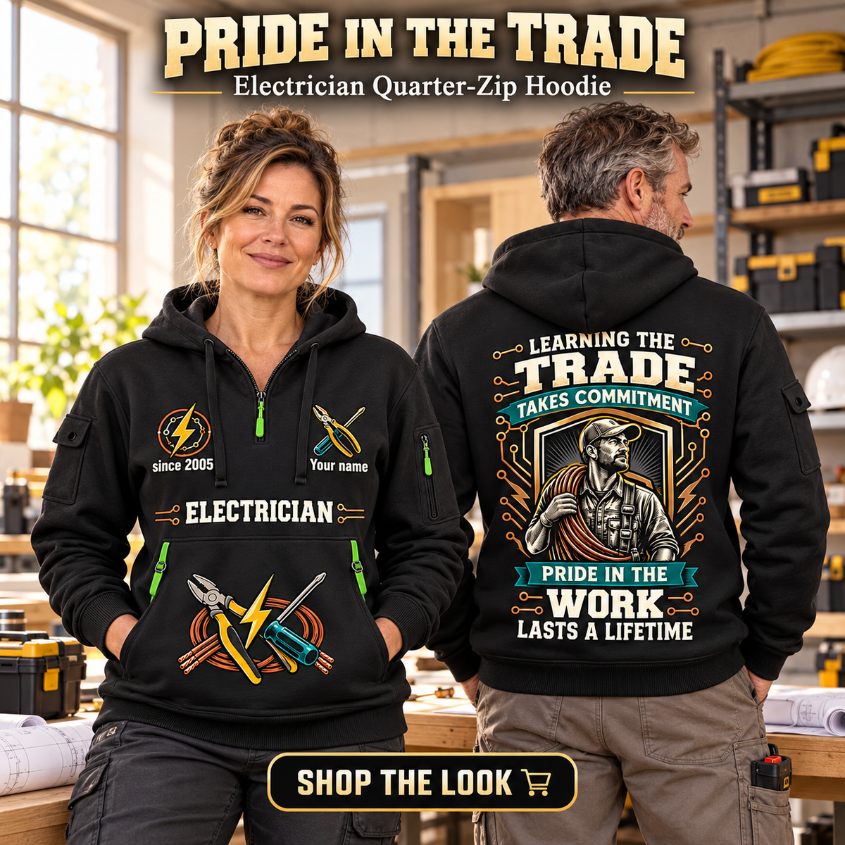 Electrician wearing Pride In The Trade quarter-zip hoodie in their workplace; product introduction and shopping call to action