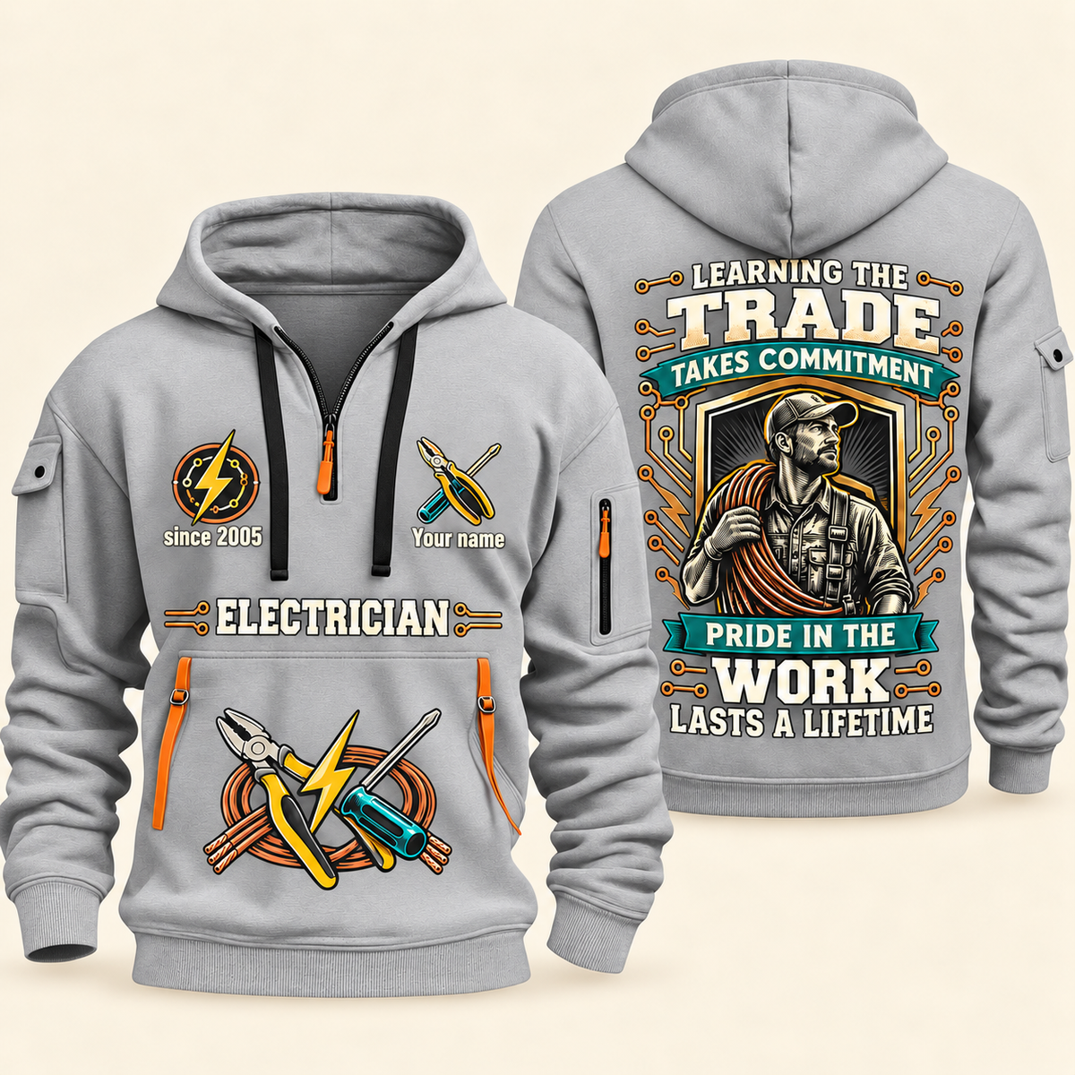 Electrician Pride In The Trade quarter-zip hoodie in Light Grey, front and back, Your name and since 2005 artwork