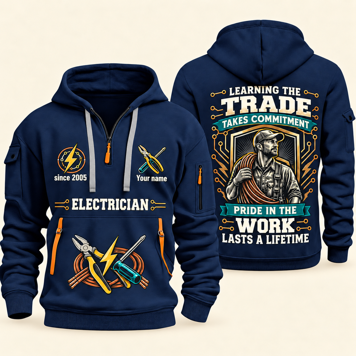 Electrician Pride In The Trade quarter-zip hoodie in Navy, front and back, Your name and since 2005 artwork