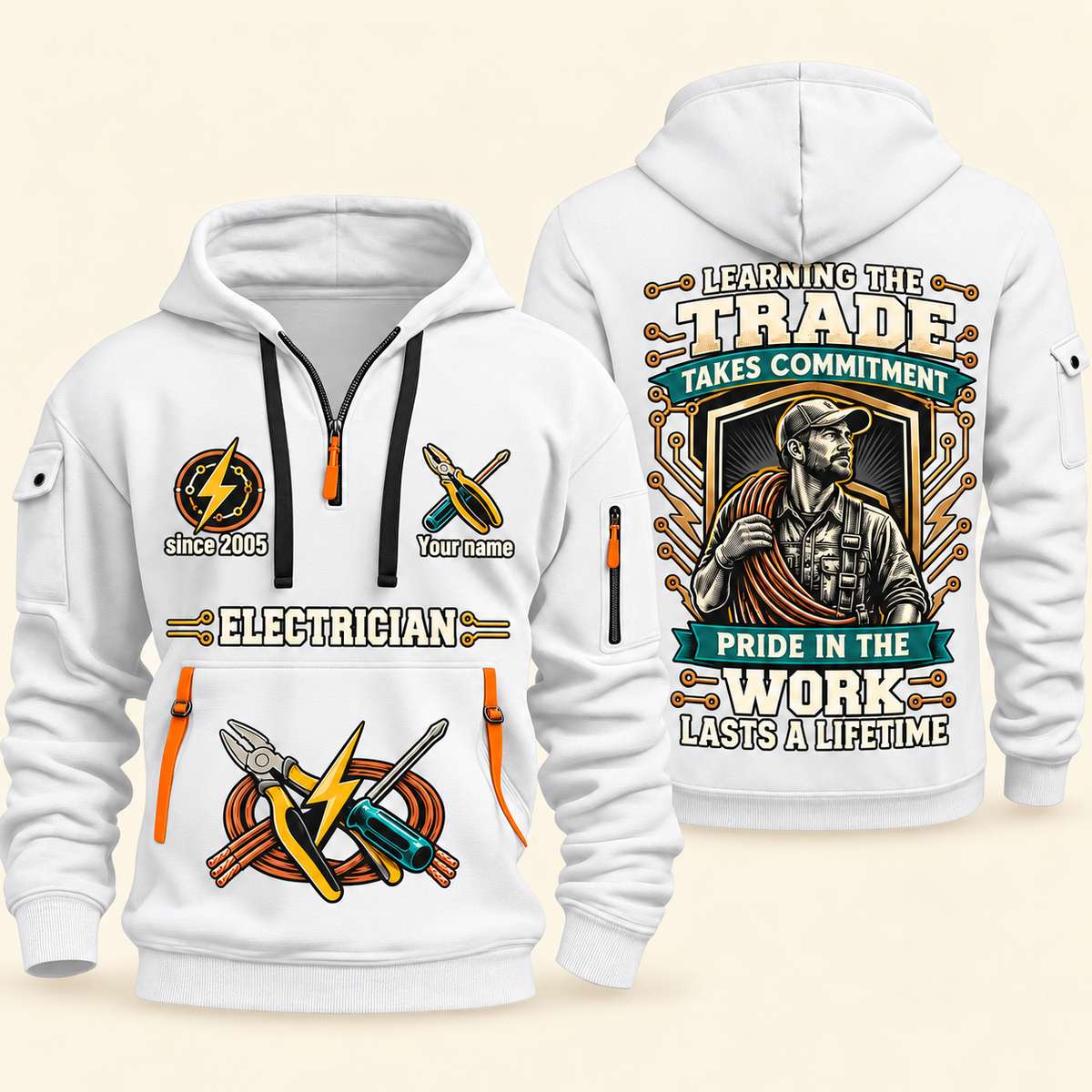 Electrician Pride In The Trade quarter-zip hoodie in White, front and back, Your name and since 2005 artwork