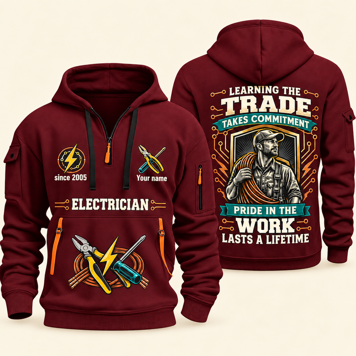 Electrician Pride In The Trade quarter-zip hoodie in Wine Red, front and back, Your name and since 2005 artwork