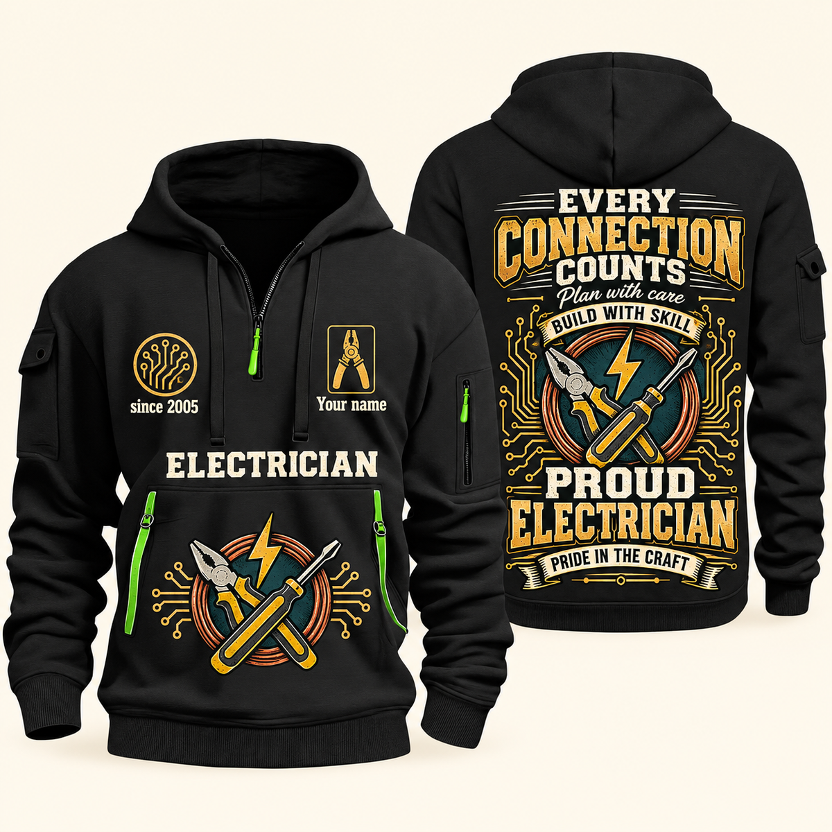 Electrician Every Connection Counts quarter-zip hoodie in Black, front and back, Your name and since 2005 artwork