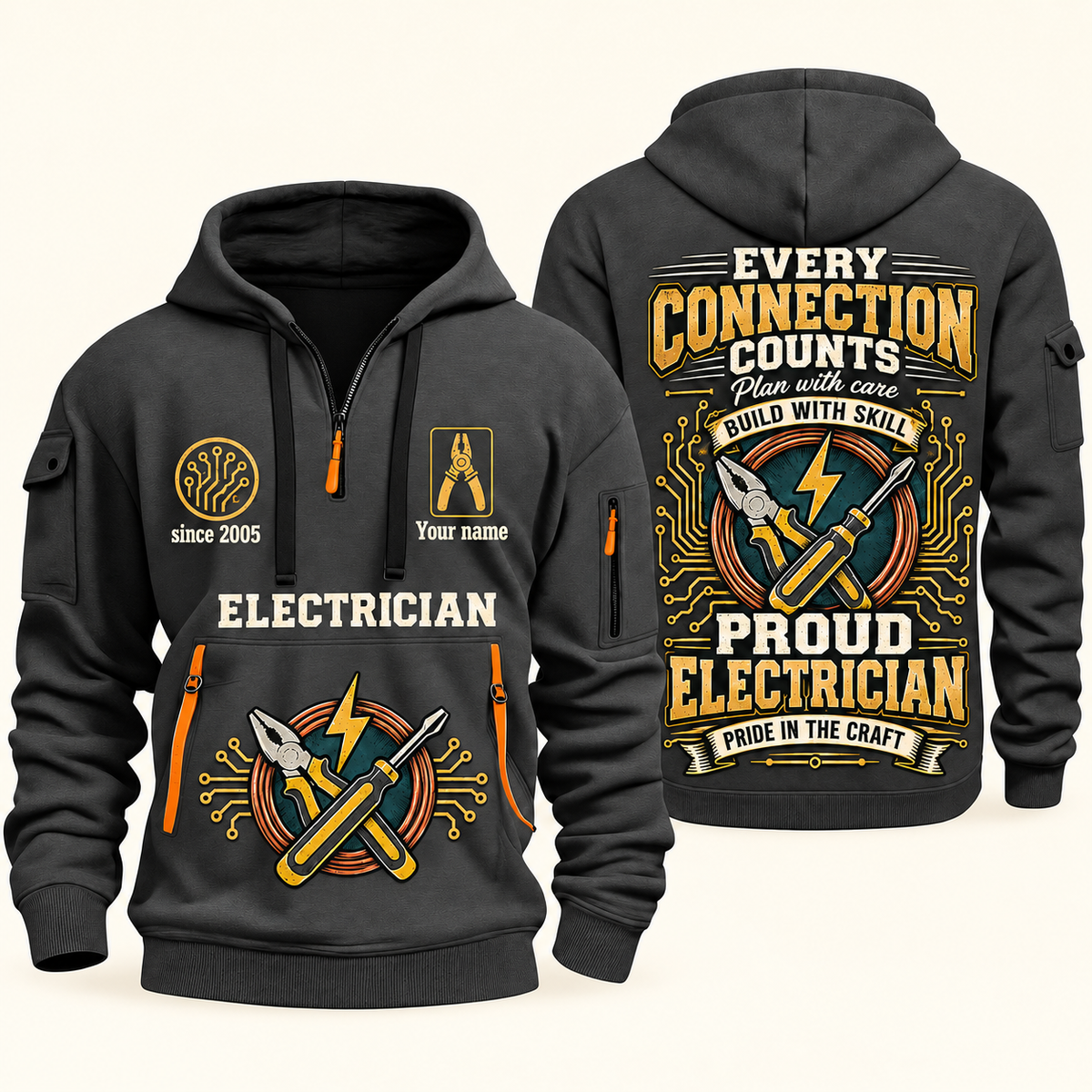 Electrician Every Connection Counts quarter-zip hoodie in Gray, front and back, Your name and since 2005 artwork