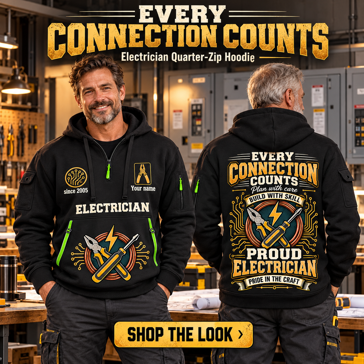 Electrician wearing Every Connection Counts quarter-zip hoodie in their workplace; product introduction and shopping call to action