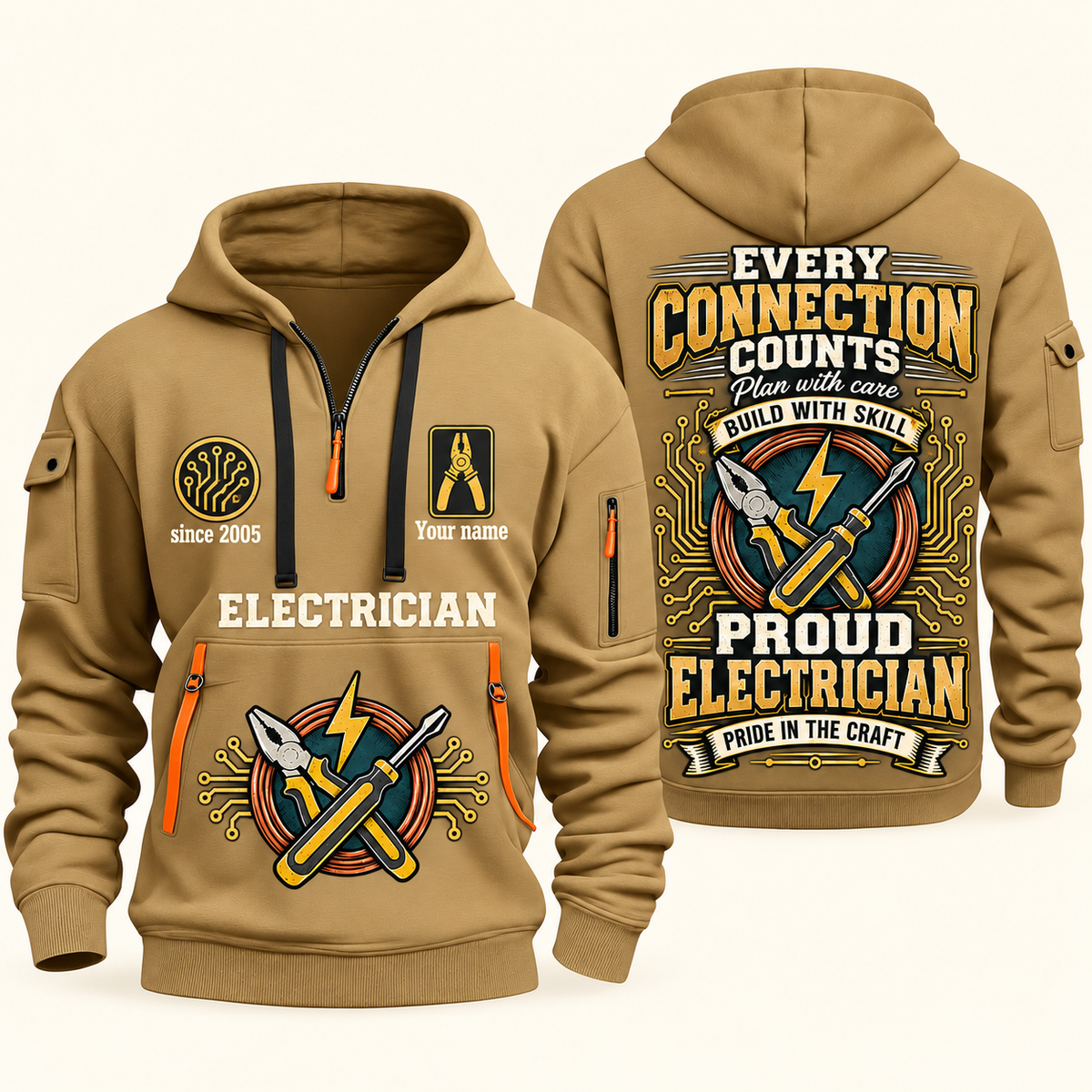Electrician Every Connection Counts quarter-zip hoodie in Khaki, front and back, Your name and since 2005 artwork