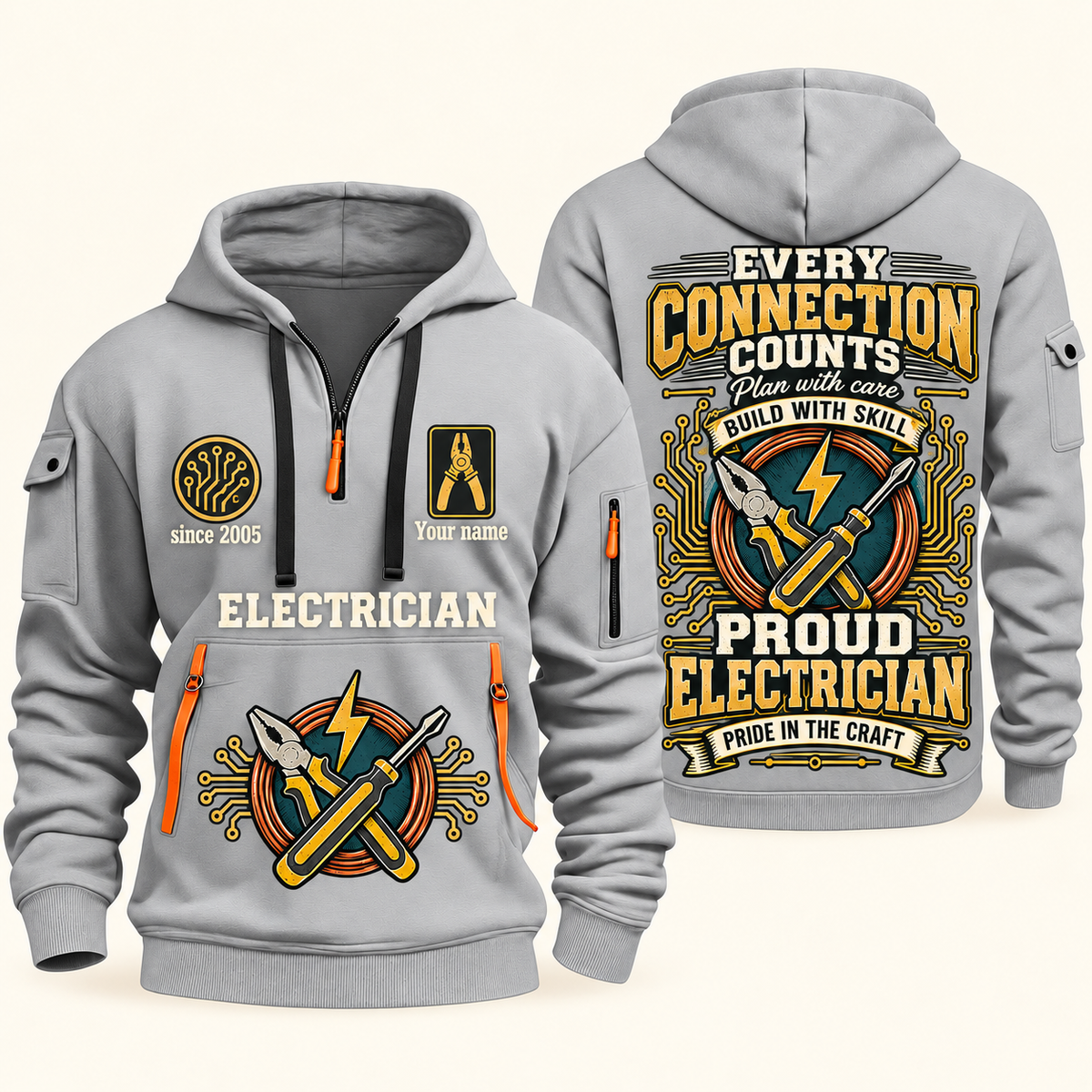 Electrician Every Connection Counts quarter-zip hoodie in Light Grey, front and back, Your name and since 2005 artwork