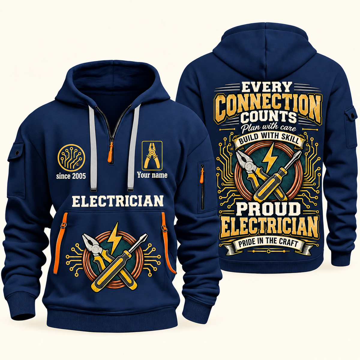 Electrician Every Connection Counts quarter-zip hoodie in Navy, front and back, Your name and since 2005 artwork