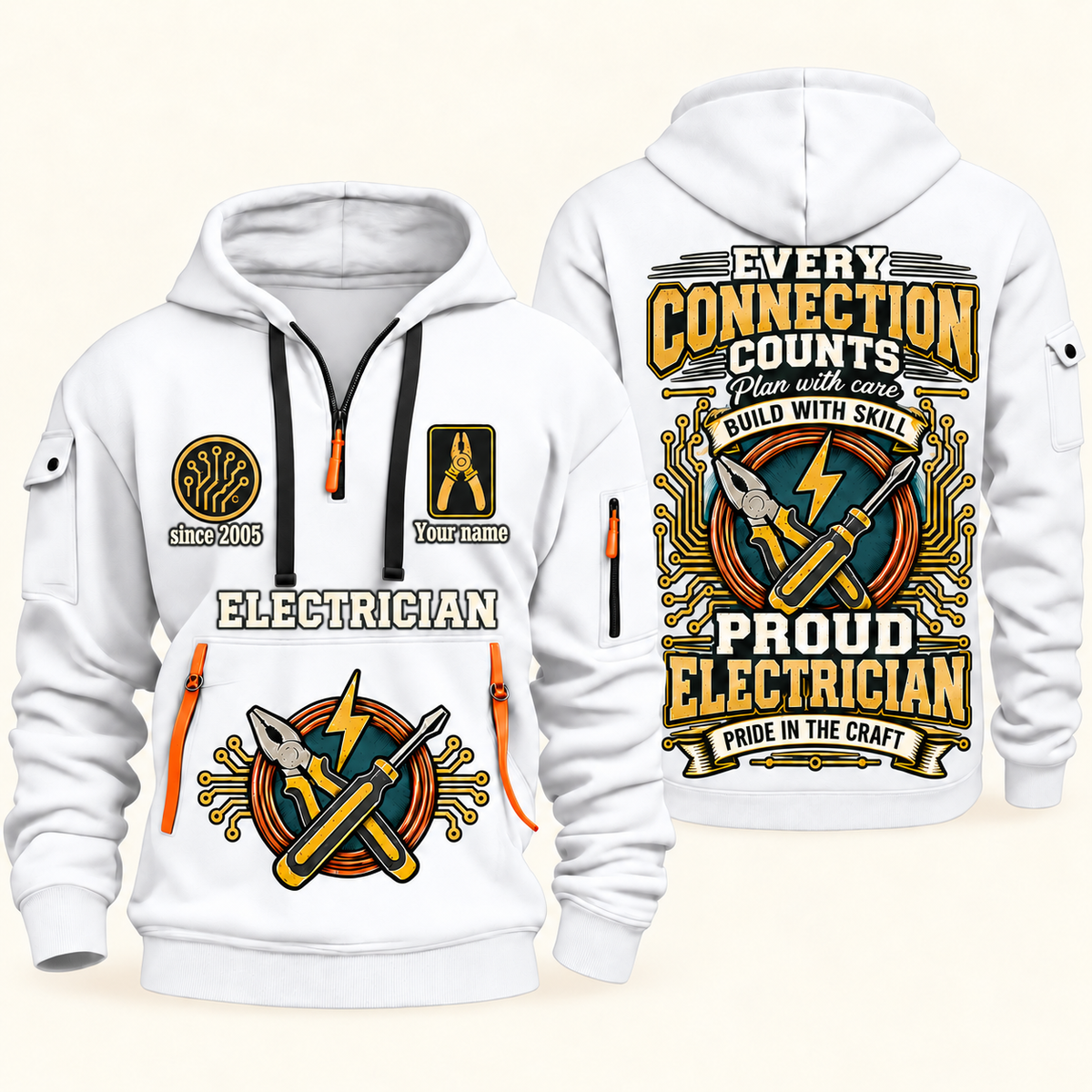 Electrician Every Connection Counts quarter-zip hoodie in White, front and back, Your name and since 2005 artwork