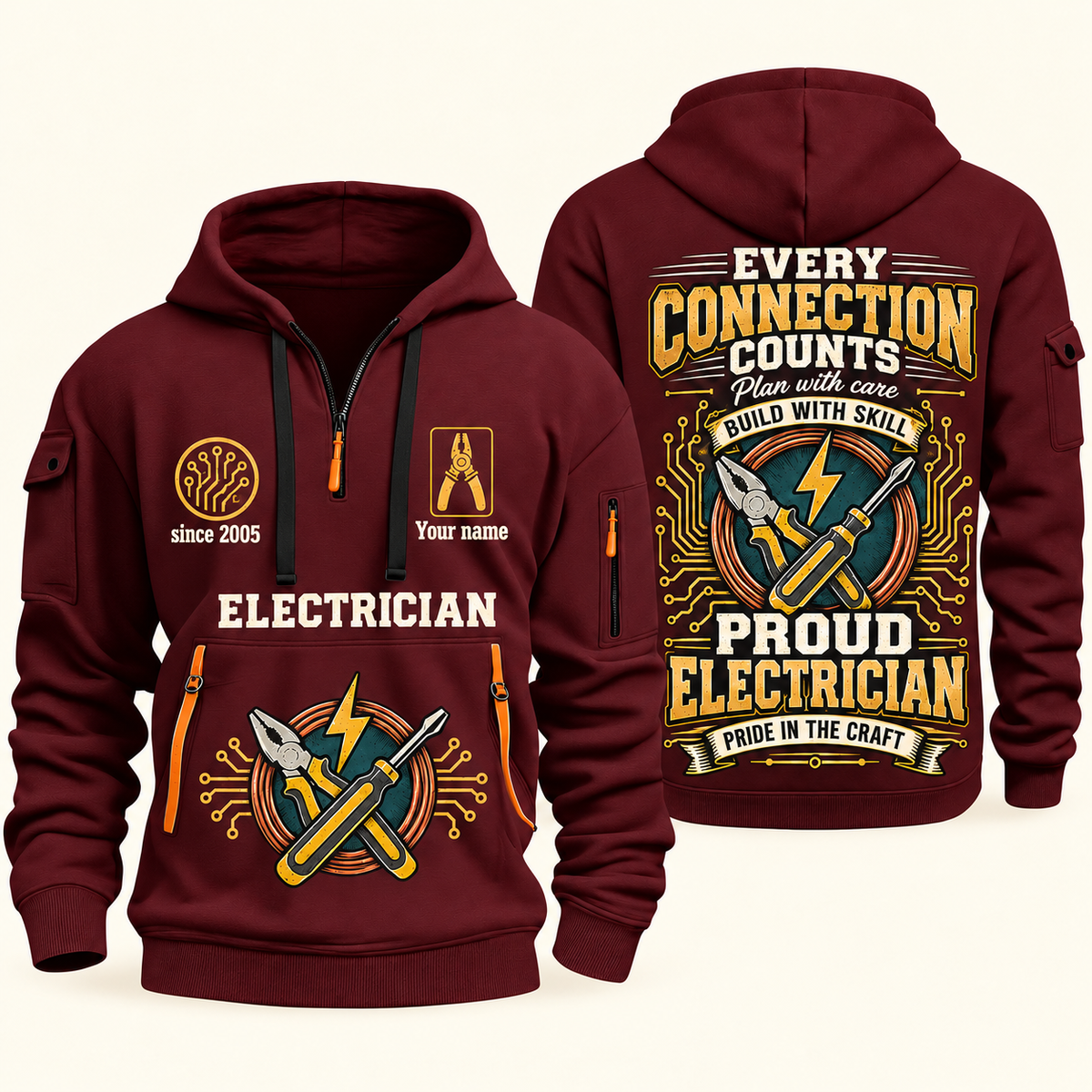 Electrician Every Connection Counts quarter-zip hoodie in Wine Red, front and back, Your name and since 2005 artwork