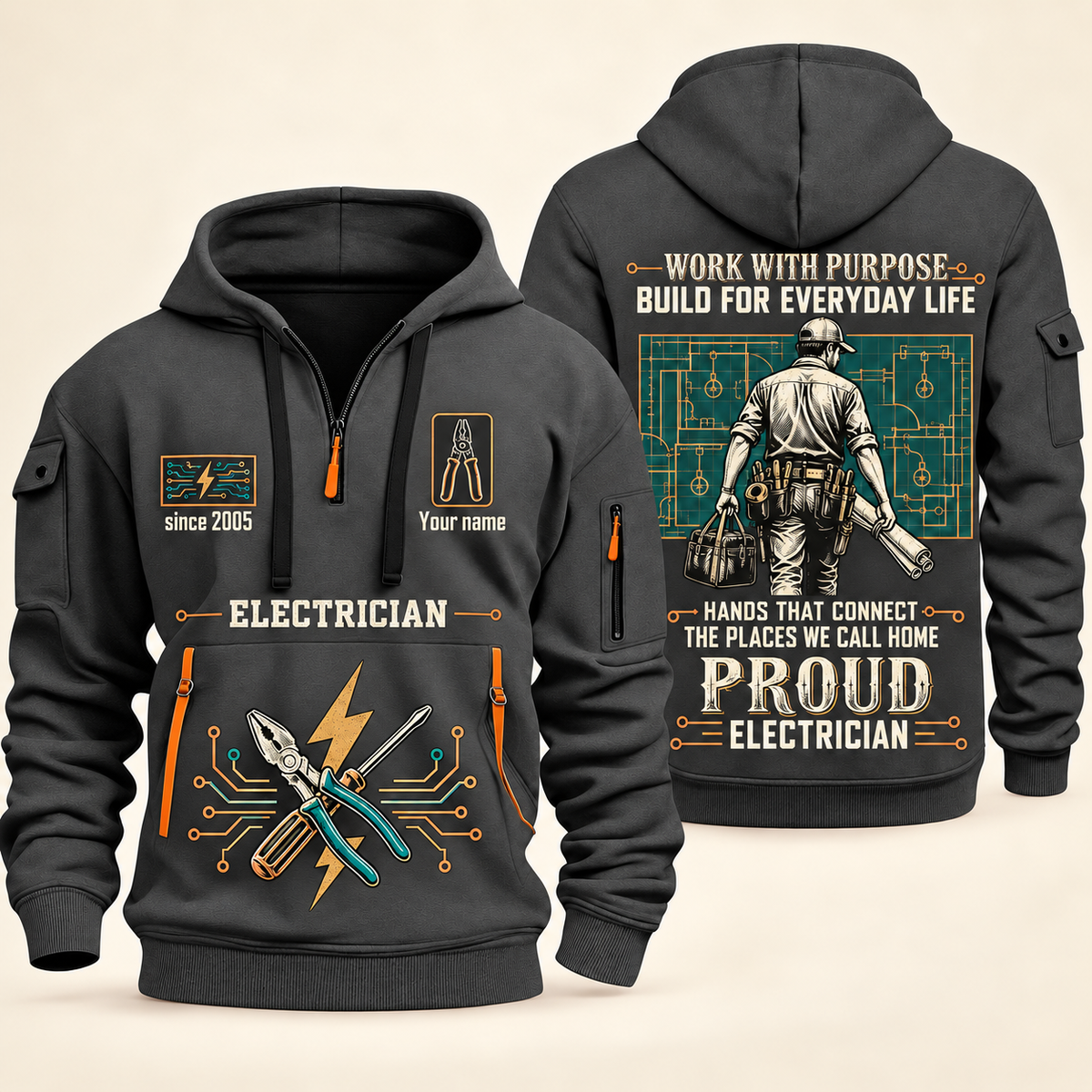 Electrician Built For The Everyday quarter-zip hoodie in Gray, front and back, Your name and since 2005 artwork