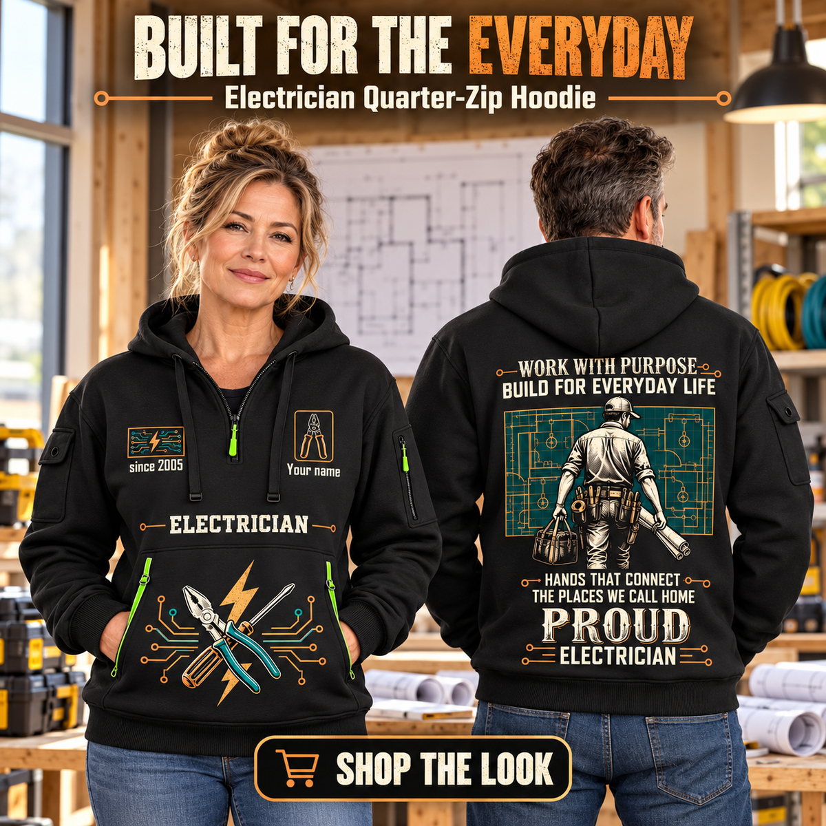 Electrician wearing Built For The Everyday quarter-zip hoodie in their workplace; product introduction and shopping call to action