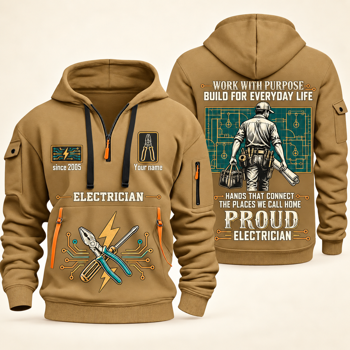 Electrician Built For The Everyday quarter-zip hoodie in Khaki, front and back, Your name and since 2005 artwork